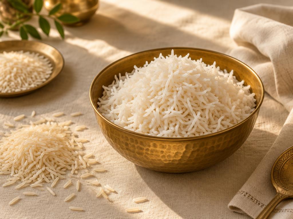 A brass bowl of steamed basmati rice beside uncooked grains