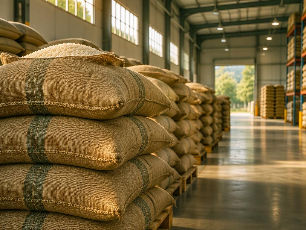 Jute sacks of rice stacked in a clean warehouse